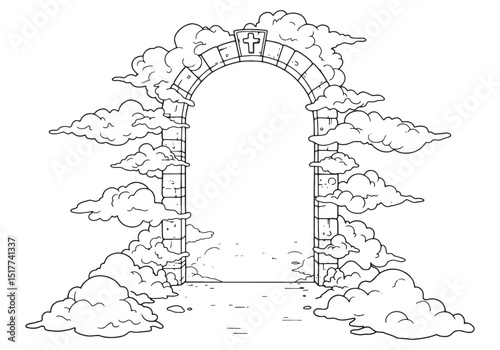 Black and white illustration of a heaven portal in coloring book
