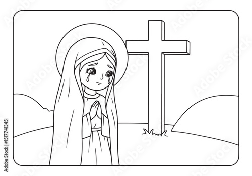 Virgin Mary Praying under the Cross, Coloring Book Style Illustr