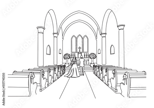 Elegant wedding ceremony illustration in continuous oneline draw