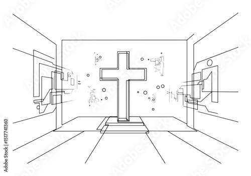 Modern glass cross illustration, black and white coloring book s