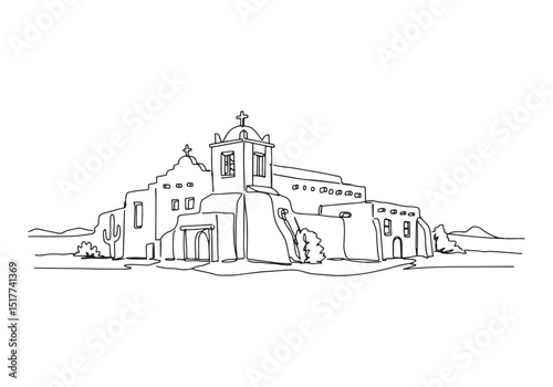 Minimalist oneline drawing of a desert church architectural styl
