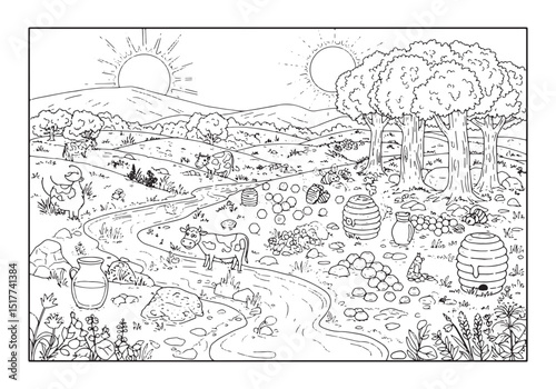 Black and White Coloring Page of The Promised Land with Cows and