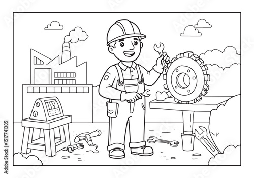 Illustrative Coloring Page of Male Engineer in Factory Setting C