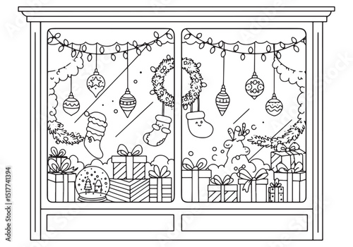 Delightful christmas shop window coloring page with ornaments an