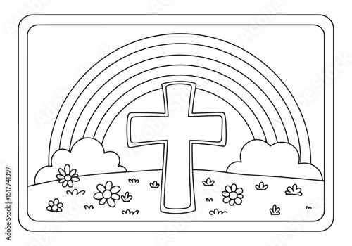 Christian coloring page with cross and rainbow in black and whit