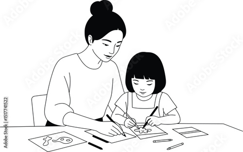 Mother and Daughter Drawing A Simple Vector Illustration