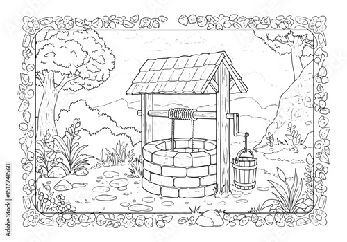 Enchanting Well Scene, A Detailed Coloring Page for Creative Min