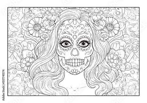 Intricate Sugar Skull Coloring Page for Adults with Floral Accen