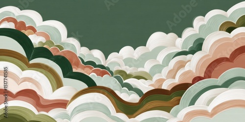 Colorful abstract landscape of swirling clouds in shades of green, peach, and cream set against a dark background