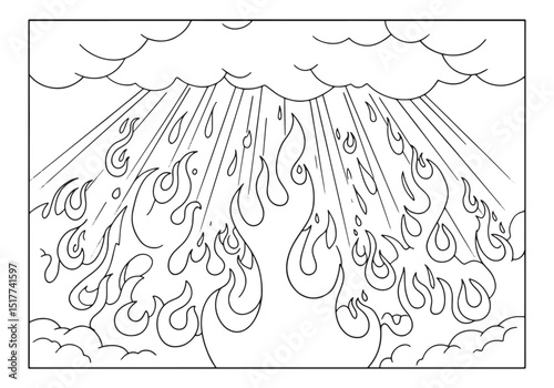 Detailed line art showcasing fire descending from clouds in colo