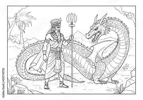 Marduk confronts a dragon in an ancient illustration suitable fo