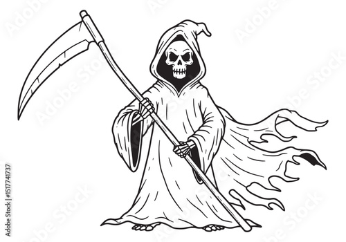 Grim Reaper continuous line drawing, monochrome death figure ill