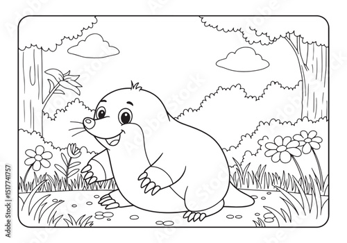Adorable mole illustration for coloring book page with simple ba