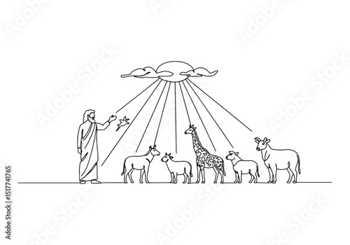 A Line Art Depiction of Adam Naming the Animals in the Garden of