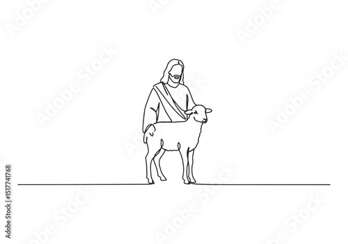 Continuous line drawing of Jesus with a lamb in a minimalist sty