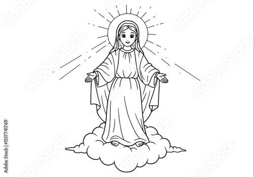 Elegant line art illustration of virgin mary radiating divine li