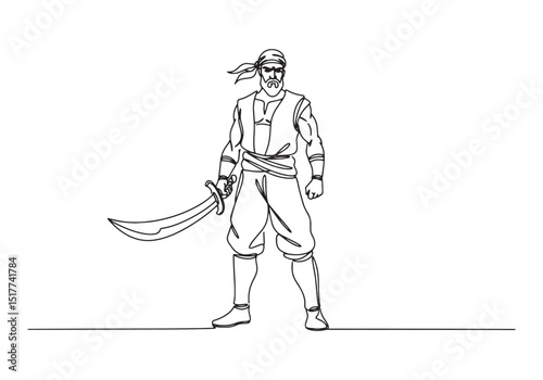 Continuous Line Art, Sinbad with Sword - Minimalist Black and Wh
