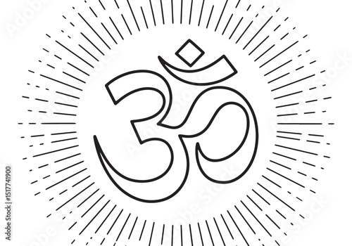 Glowing Om Symbol in Coloring Book Style with Sun Rays Illustrat