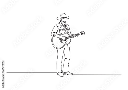 Continuous Line Drawing of Male Country Musician with Guitar