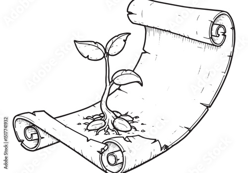 Illustration of seed sprouting from a scroll drawing in black an