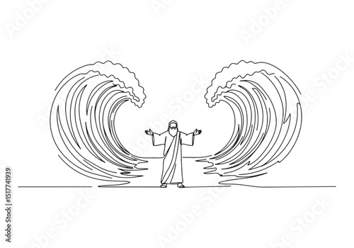 Single continuous line drawing of Moses parts the Red Sea in ill