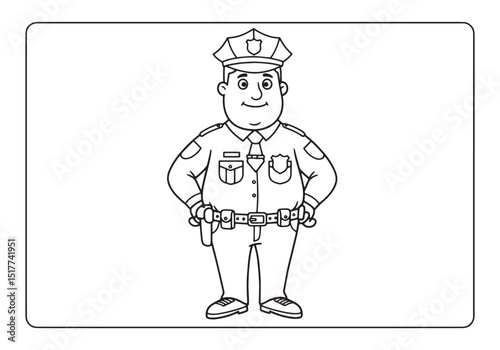Detailed monochrome line drawing of a police officer, standing t
