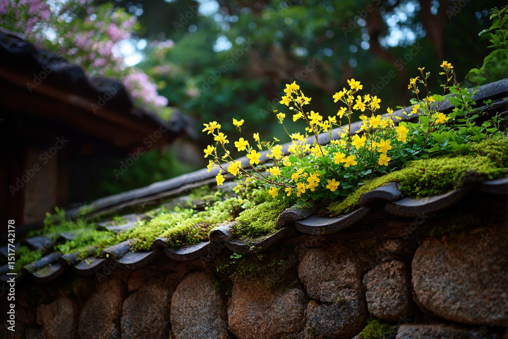 Obraz premium In the early spring, there is an ancient Chinese stone wall with yellow plum blossoms on it