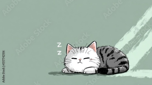 Cute gray and white striped cat sleeping peacefully in an abstract space background