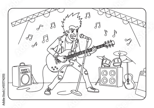 Vintage coloring page of a rock musician performing on stage in