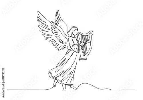 Continuous line drawing of an angel playing harp illustration ar