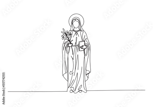 Elegant Continuous Line Drawing of Virgin Mary with Lily and Boo