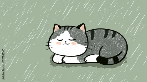 Cute gray and white cat peacefully sleeping on a rainy day with an abstract background of space and colors