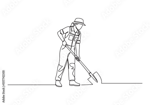 Continuous line drawing of a female gravedigger shoveling soil o