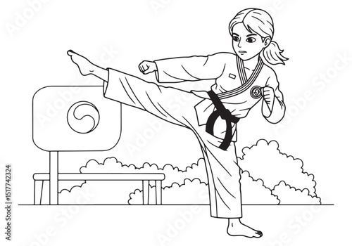 Empowering Taekwondo Coloring Page, A Strong Female Kicking High