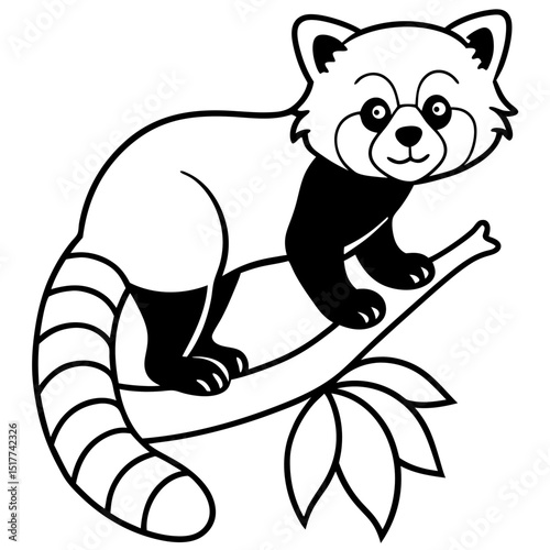 Red Panda on Tree Limb with Tail Hanging in Stylized Line Form