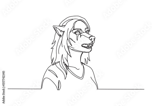 Continuous line drawing of a female werewolf illustration portra
