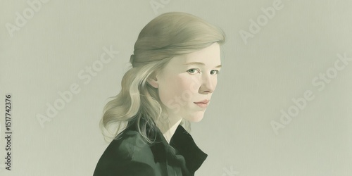 Abstract portrayal of a woman with soft features and a calm expression set against a muted background