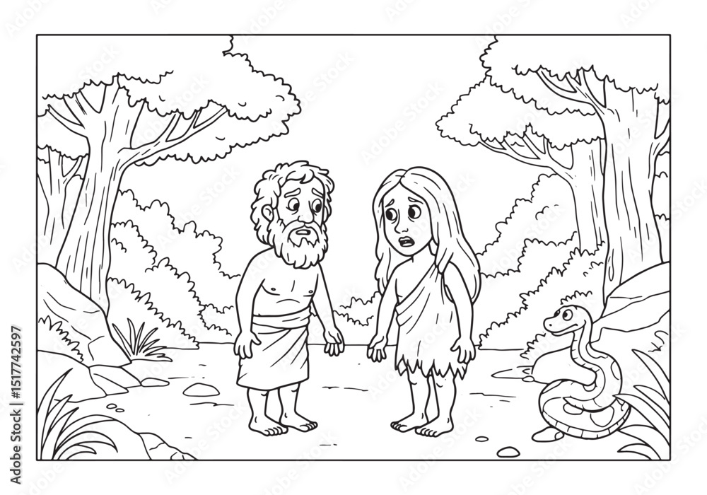 Fototapeta premium Adam and Eve encounter the serpent in coloring book style illust