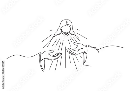 Continuous line drawing of divine Jesus Christ with open hands o