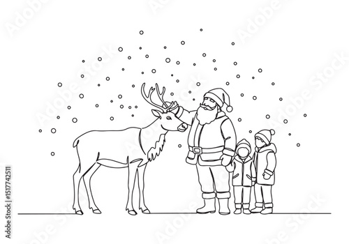 Charming continuous line drawing of Santa Claus petting a reinde
