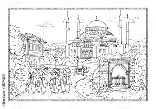 Delightful coloring book illustration of a journey to the charmi