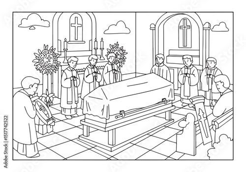 Black and white coloring page depicting a somber funeral scene i