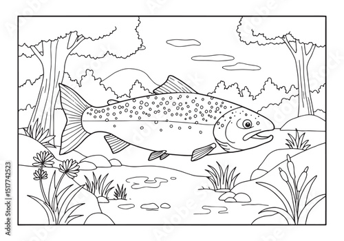 Salmon in natural habitat coloring page illustration black and w