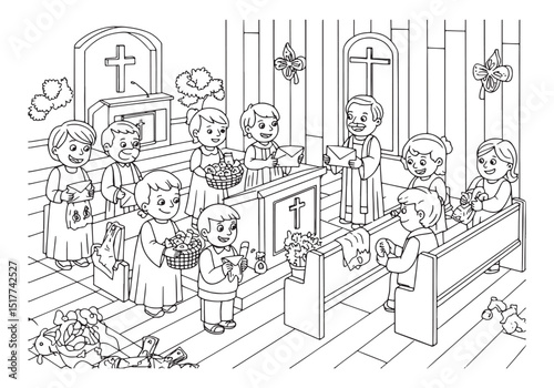 Black and white illustration of children giving tithing and offe