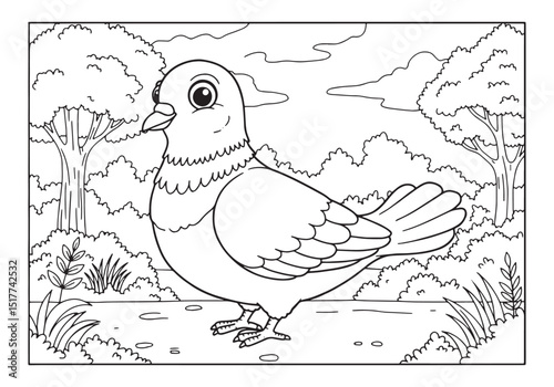 Detailed pigeon coloring page with natural environment backgroun