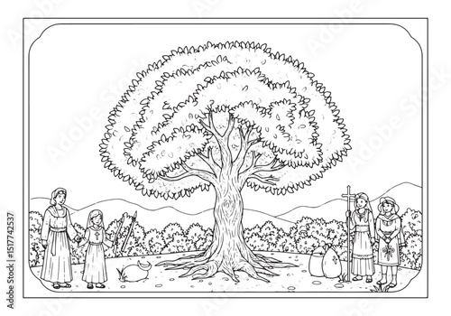 Detailed coloring page of the tree of life with religious figure