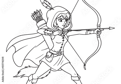 Coloring Book Page of a Determined Archer Woman Ready to Shoot H