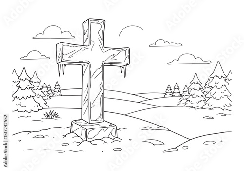Intricate coloring page featuring an ice cross in a winter lands