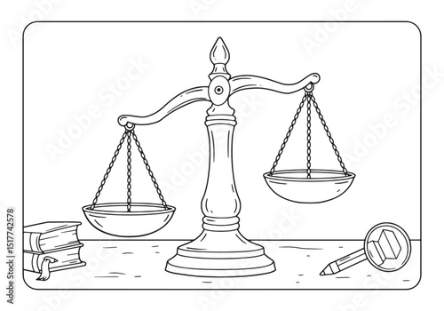 Scales of Justice Coloring Page, Legal Symbol in Black and White