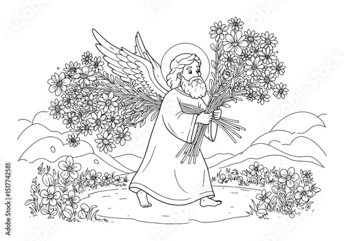 Detailed Coloring Page of Archangel Barachiel Carrying Flowers i